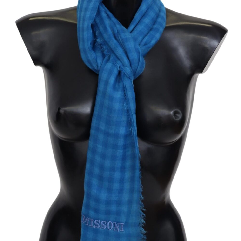 Blue Checkered Cashmere Unisex Wrap Fringes Scarf