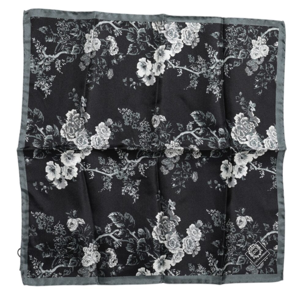 Black Floral Print Silk Square Foulard Scarf