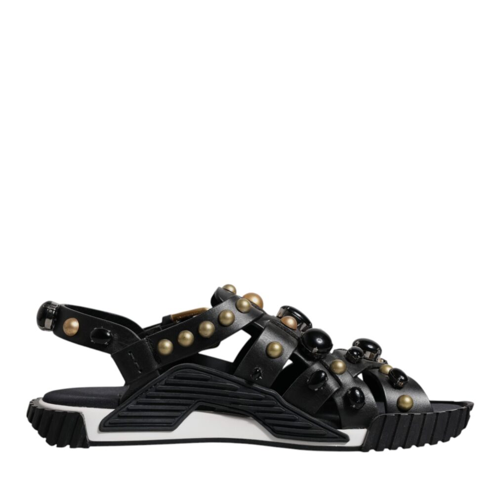 Black Leather Studded Slides Sandals Shoes