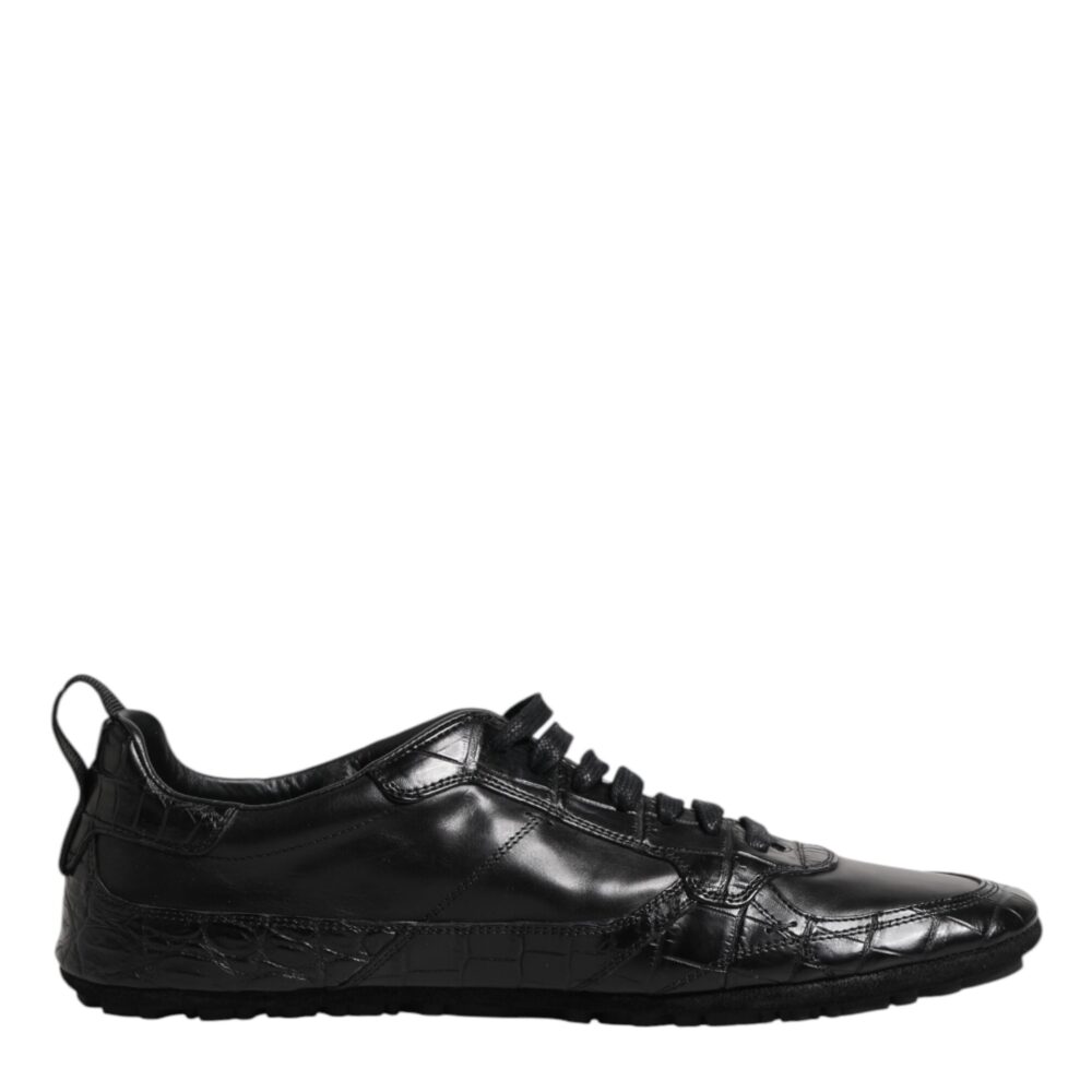 Black Exotic Leather Low Top Sneakers Shoes