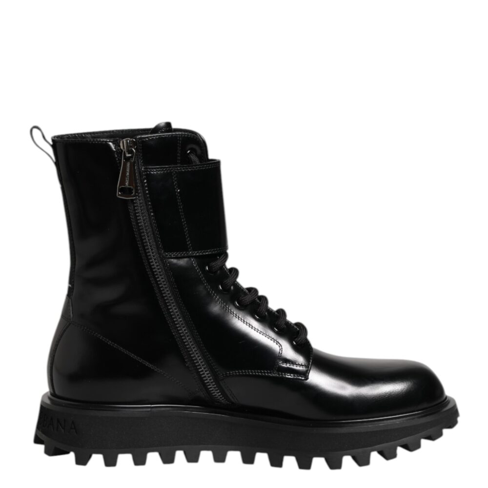 Black Leather Lace Up Mid Calf Boots Shoes