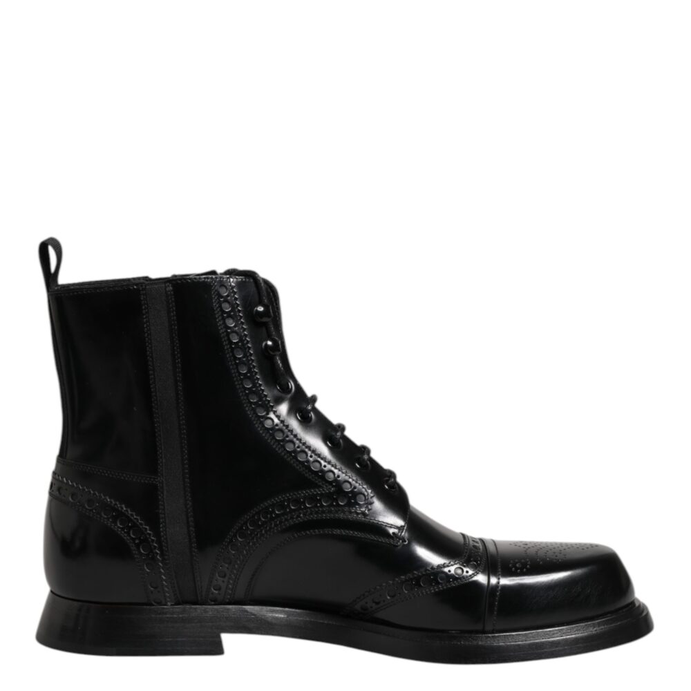 Black Leather Lace Up Mid Calf Boots Shoes