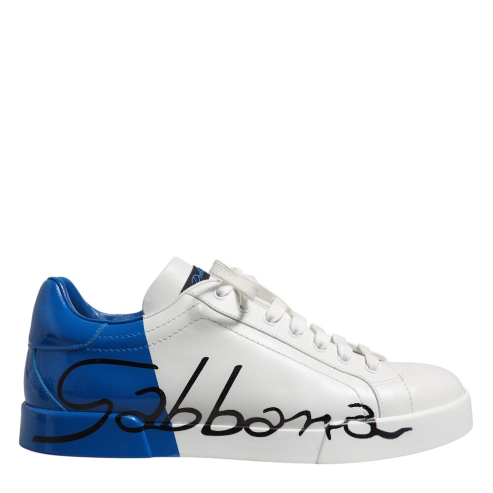 White Blue Leather Logo Low Top Sneakers Shoes