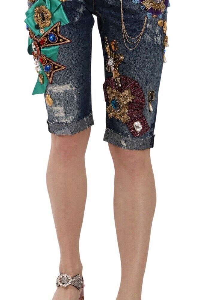 Elegant Knee-Length Embellished Denim Shorts