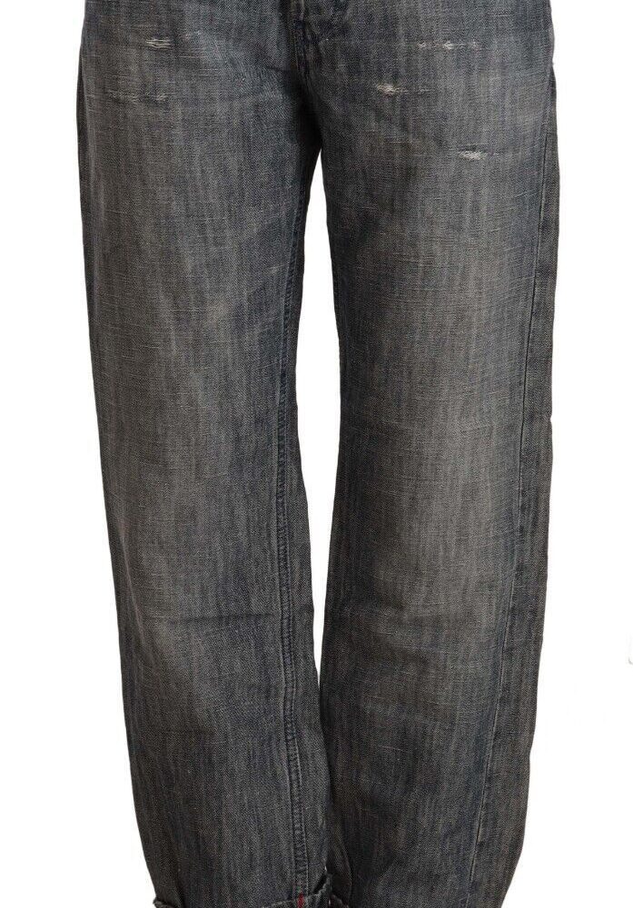 Chic Gray Straight Cut Ramie-Cotton Jeans