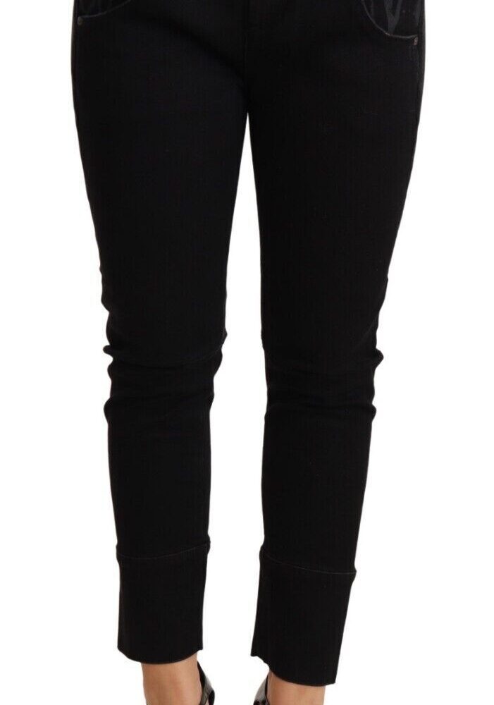 Chic Low Waist Skinny Black Cotton Trousers