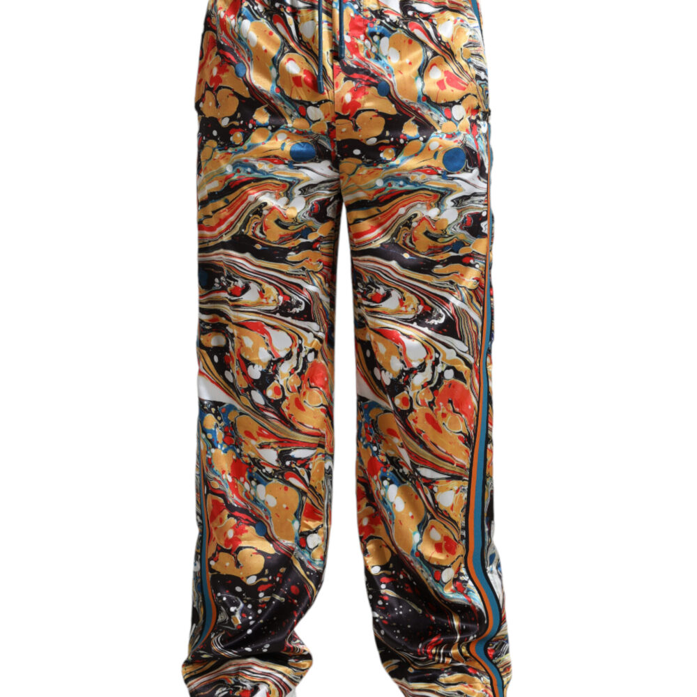 Elegant Satin Track Pants in Multicolor Marble