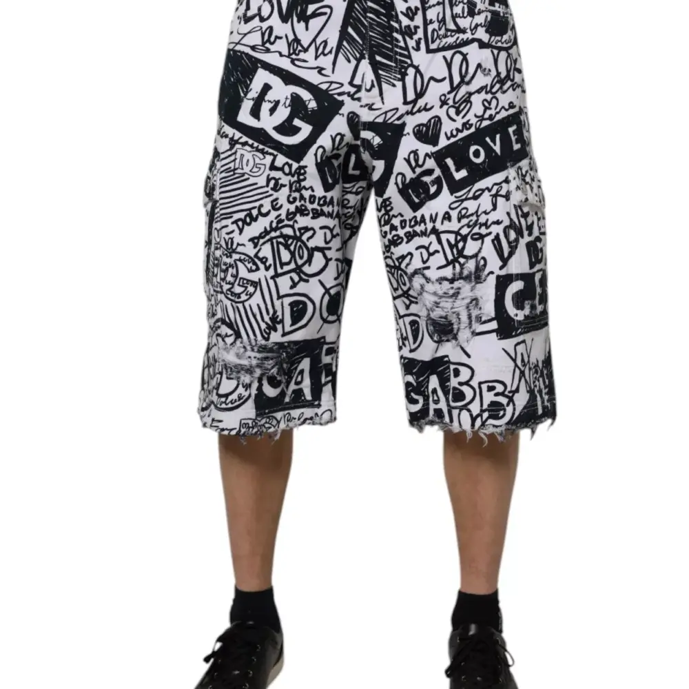White Graffiti Cotton Men Bermuda Denim Shorts
