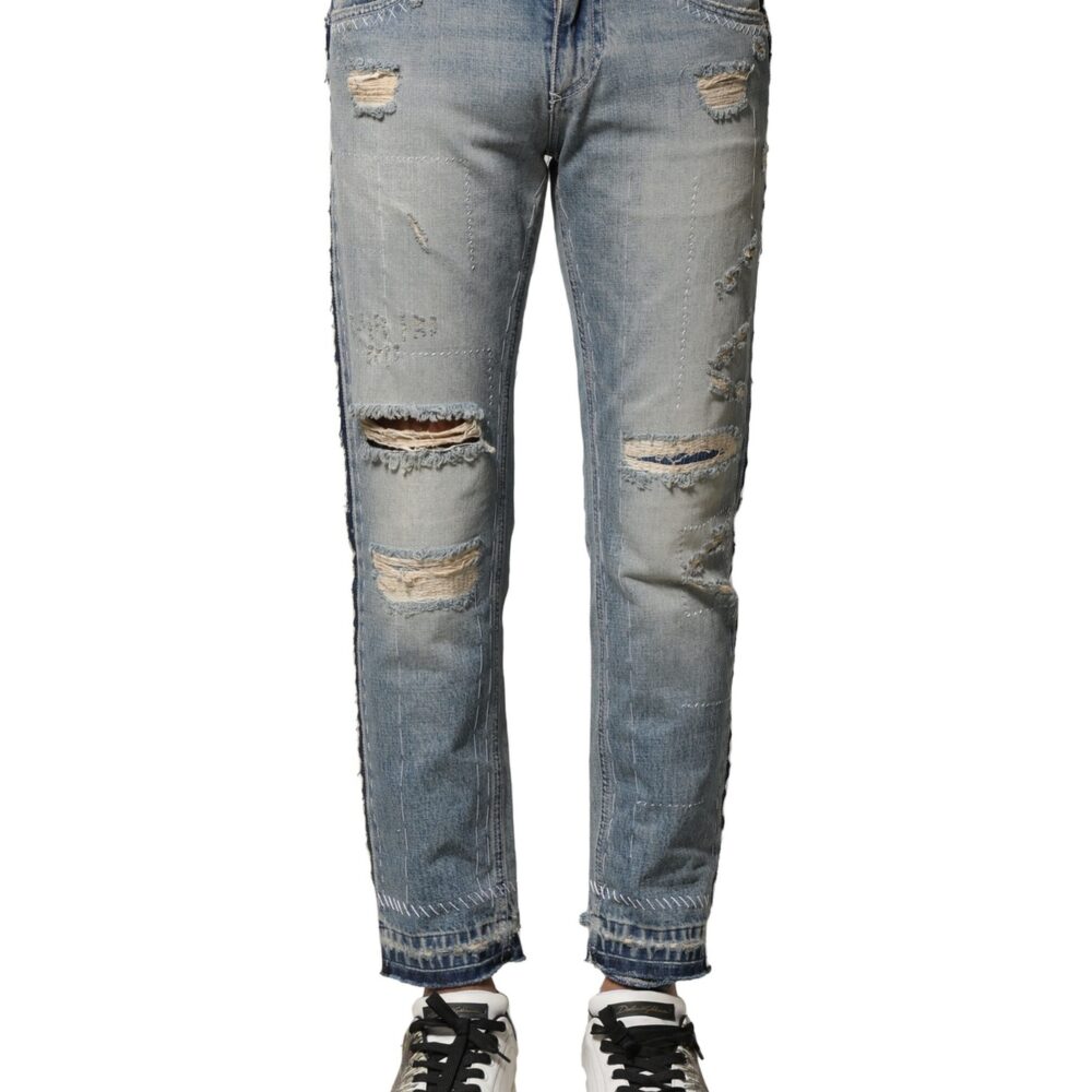 Light Blue Tattered Straight Men Denim Jeans