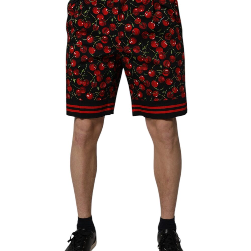 Black Red Cherry Print Bermuda Cotton Shorts