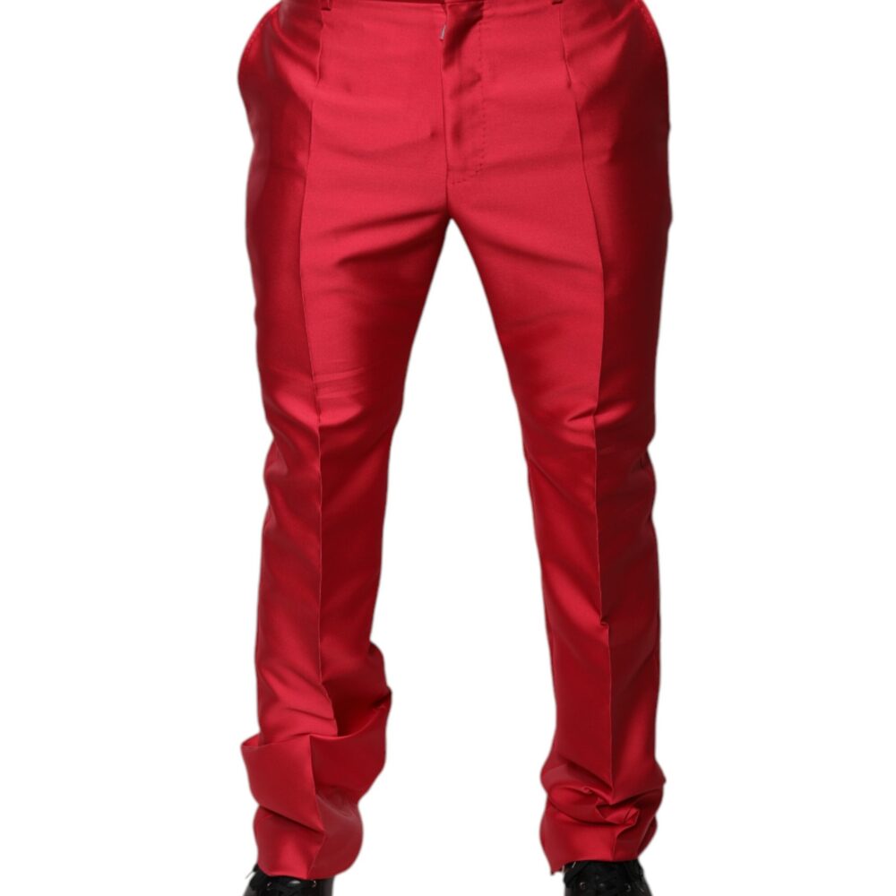Red Silk Slim Fit Mid Waist Dress Formal Pants