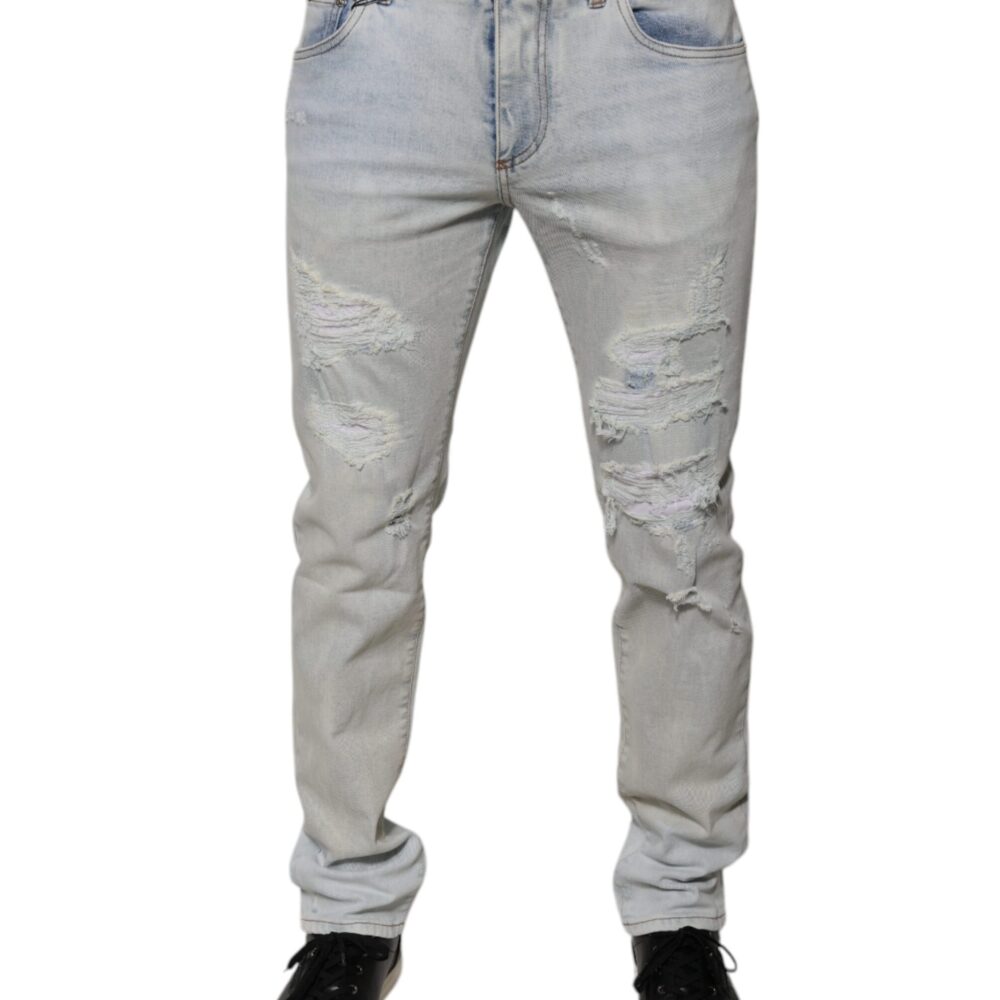 Light Blue Cotton Blend Tattered Skinny Denim Jeans