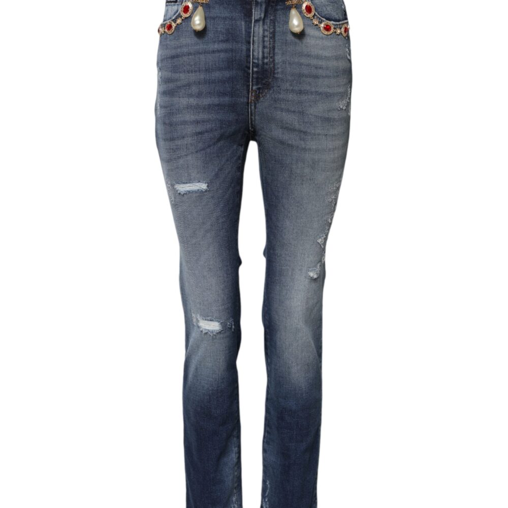 Blue Rhinestone Embellished Denim Jeans