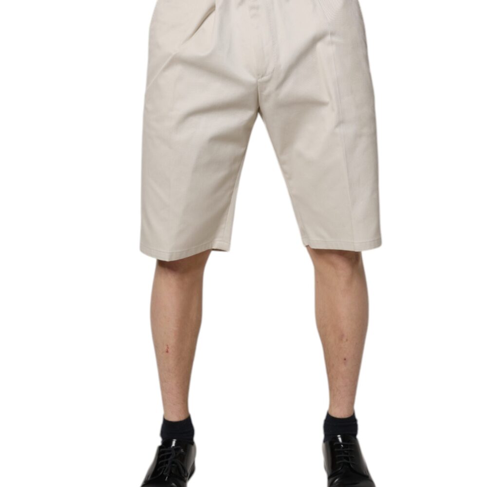 Beige Cotton Stretch Mid Waist Bermuda Shorts