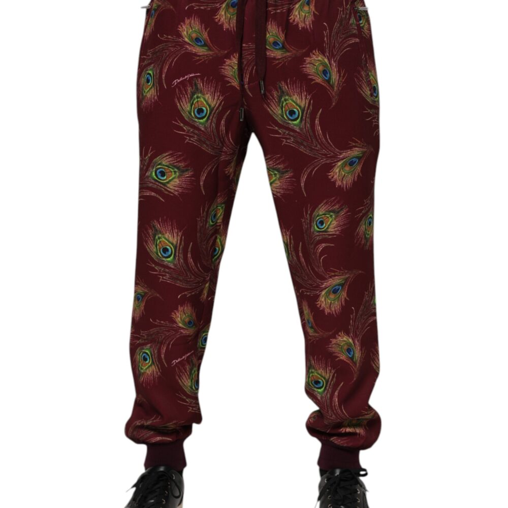 Burgundy Peacock Feather Print Jogger Pants