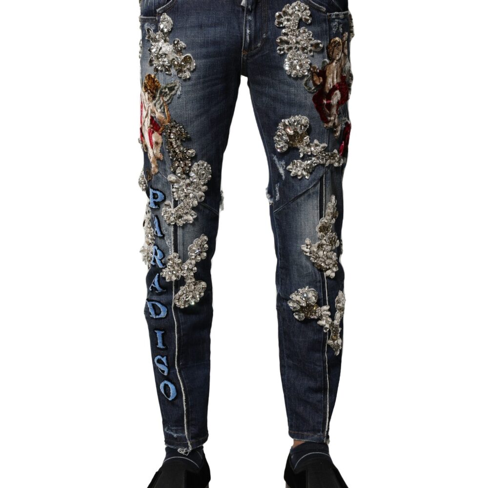 Blue Cotton Rhinestone Embellish Denim Jeans