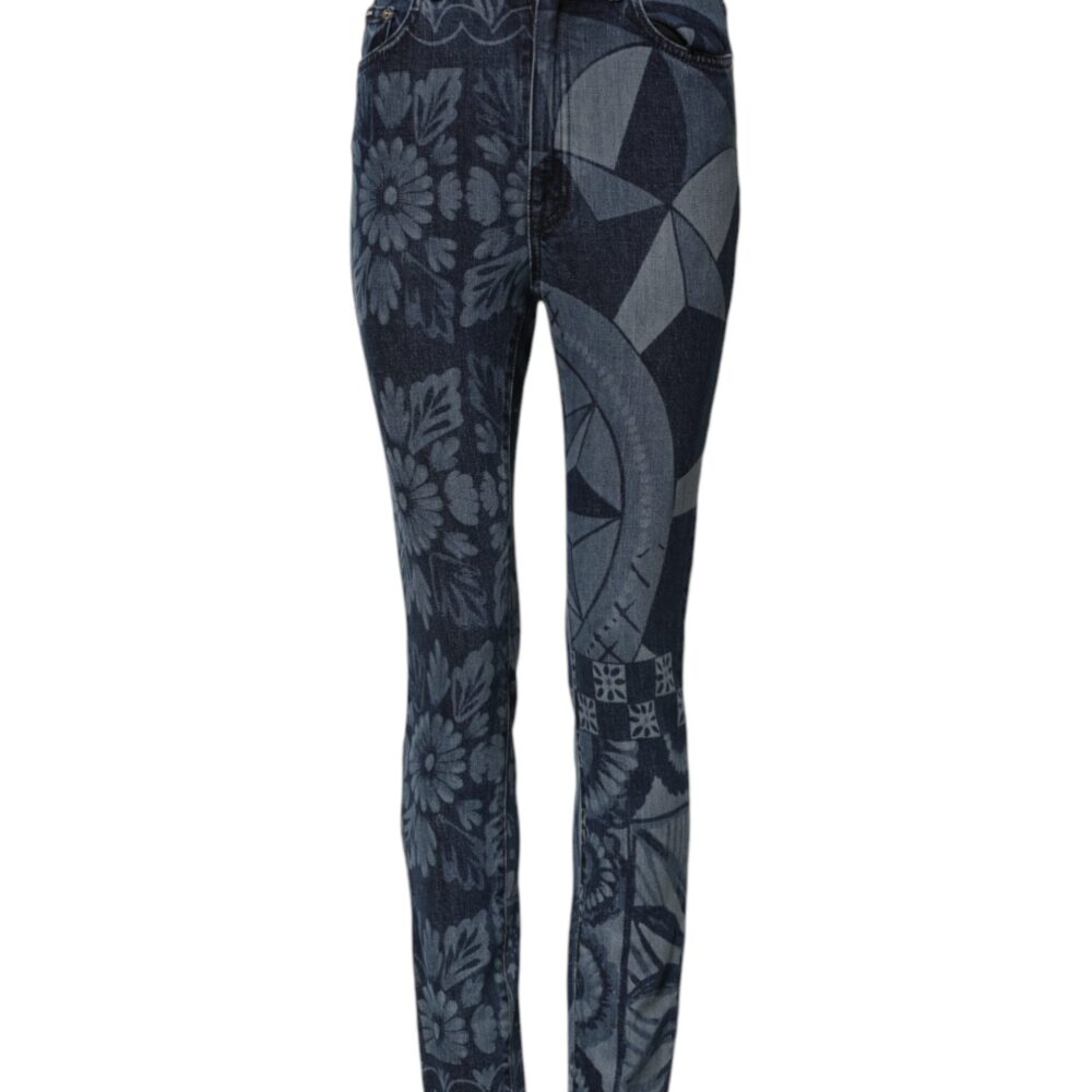 Blue Graphic Print Cotton Skinny Denim Jeans