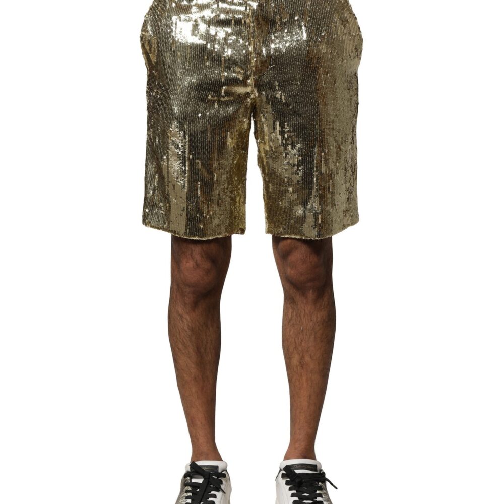 Gold Sequin Polyester Embellished Bermuda Shorts