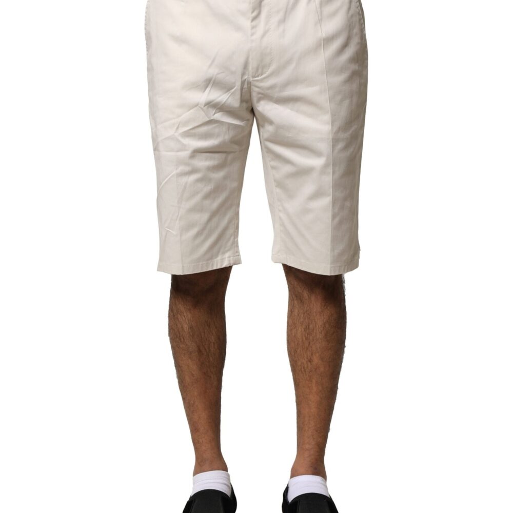 Beige Cotton Stretch Mid Waist Bermuda Shorts
