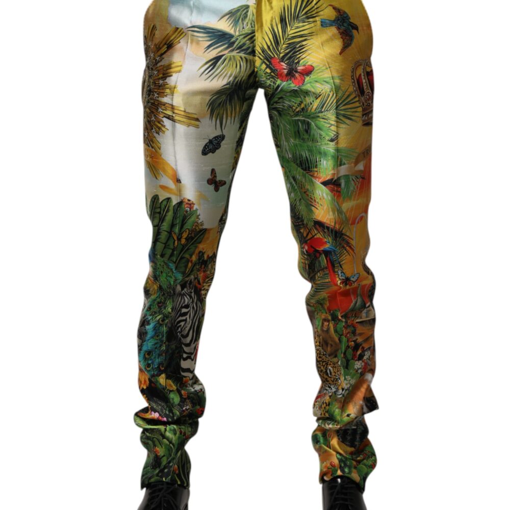 Multicolor Forest Print Silk Skinny Men Pants