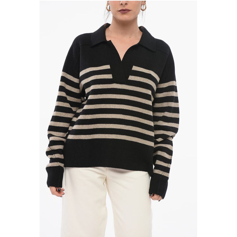 Awning Striped Wool Blend Pullover with Polo Neck