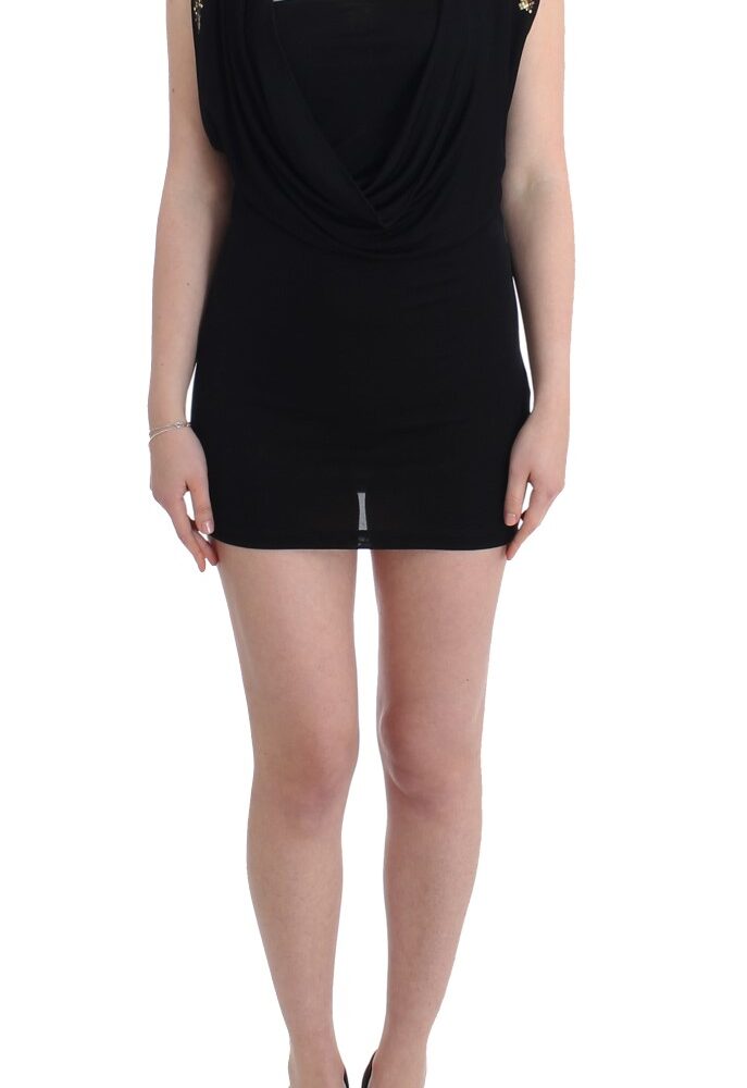 Elegant Sleeveless Black Mini Dress with Gold Details