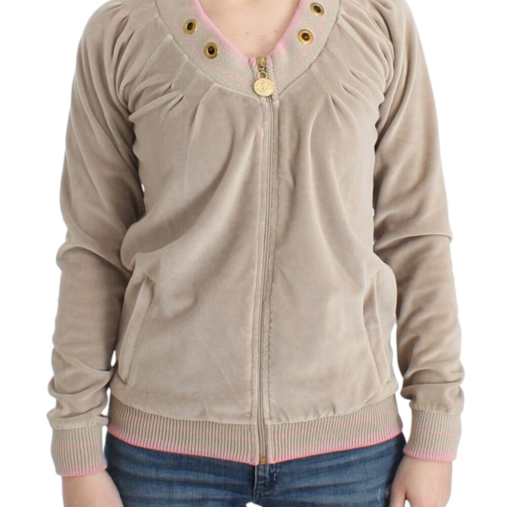 Beige Zip Cardigan with Gold Tone Accents