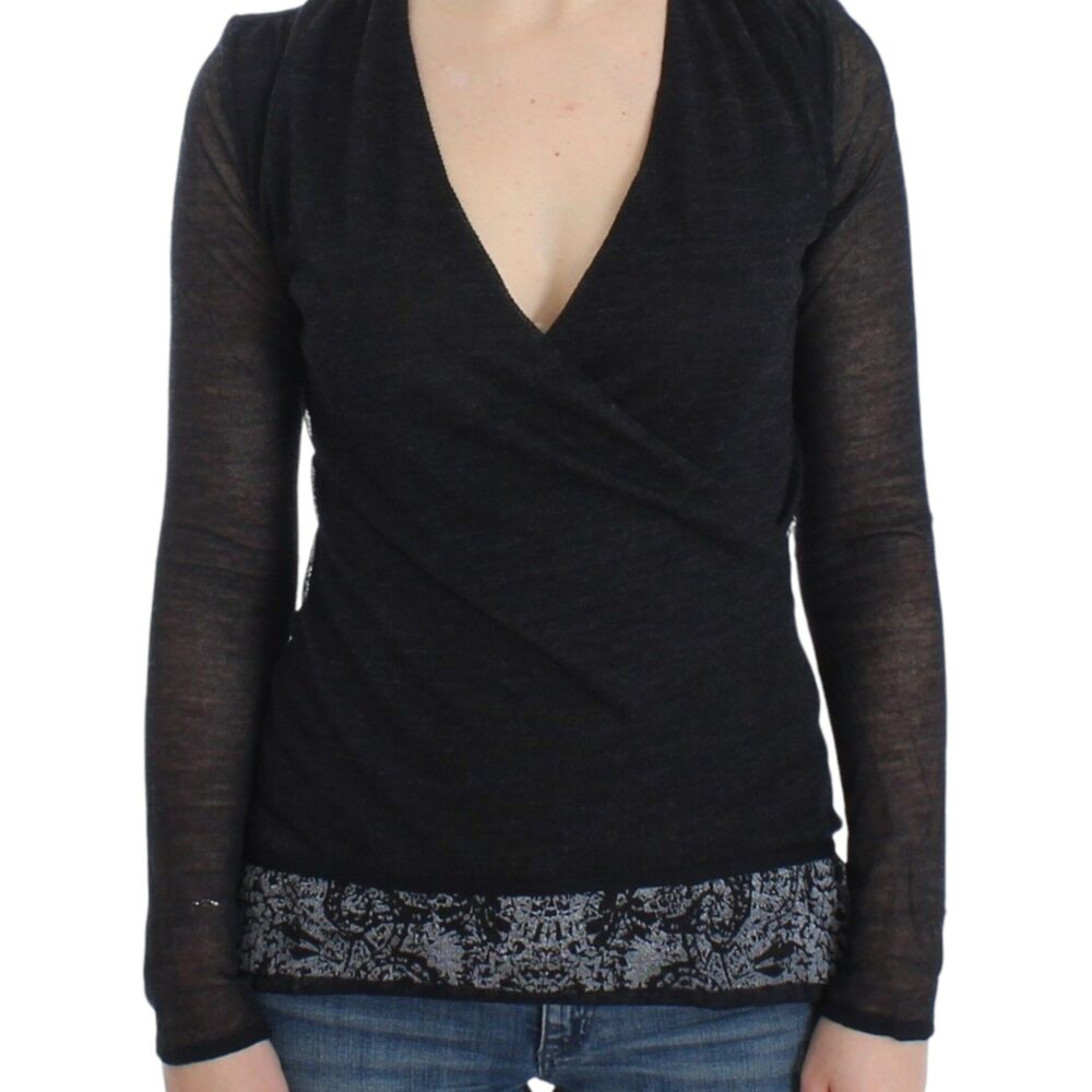 Deep V-neck Black Wool Blend Sweater