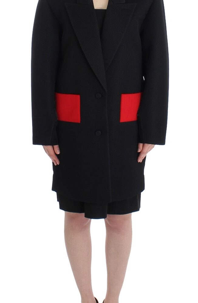 Elegant Draped Long Coat in Black with Red Accents