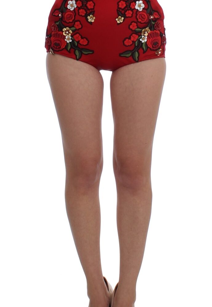 Glamorous Red Silk Floral Embroidered Shorts