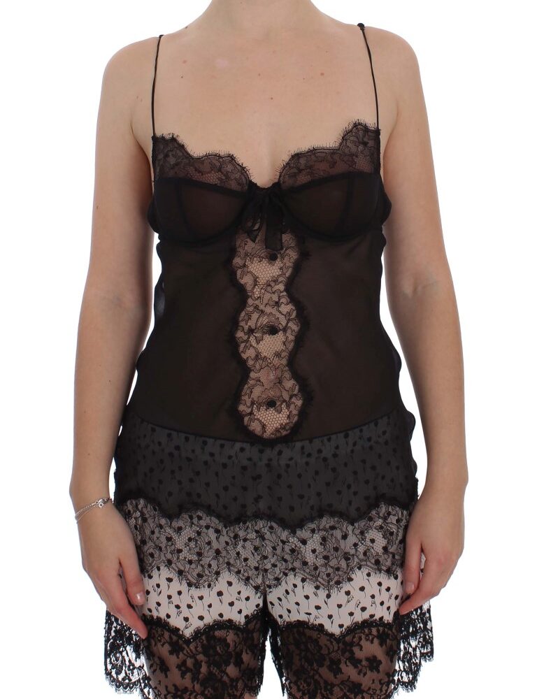 Elegant Black Silk Lace Lingerie Chemise