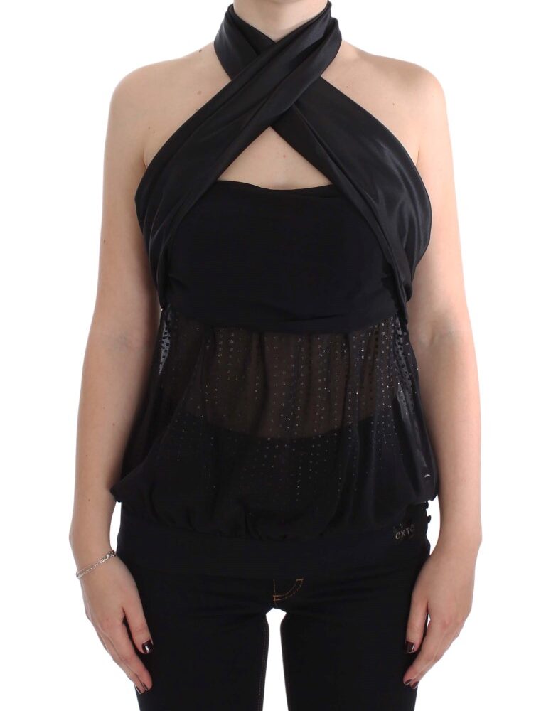 Elegant Black Evening Wrap Top Blouse