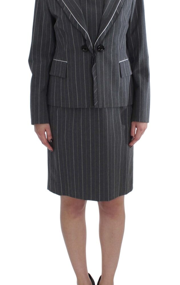 Elegant Gray Striped Dress & Blazer Suit Set