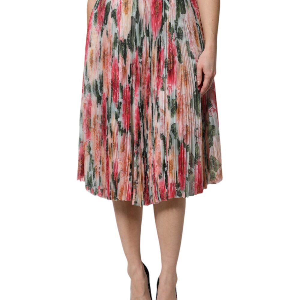Multicolor Silk Floral High Waist Midi Skirt