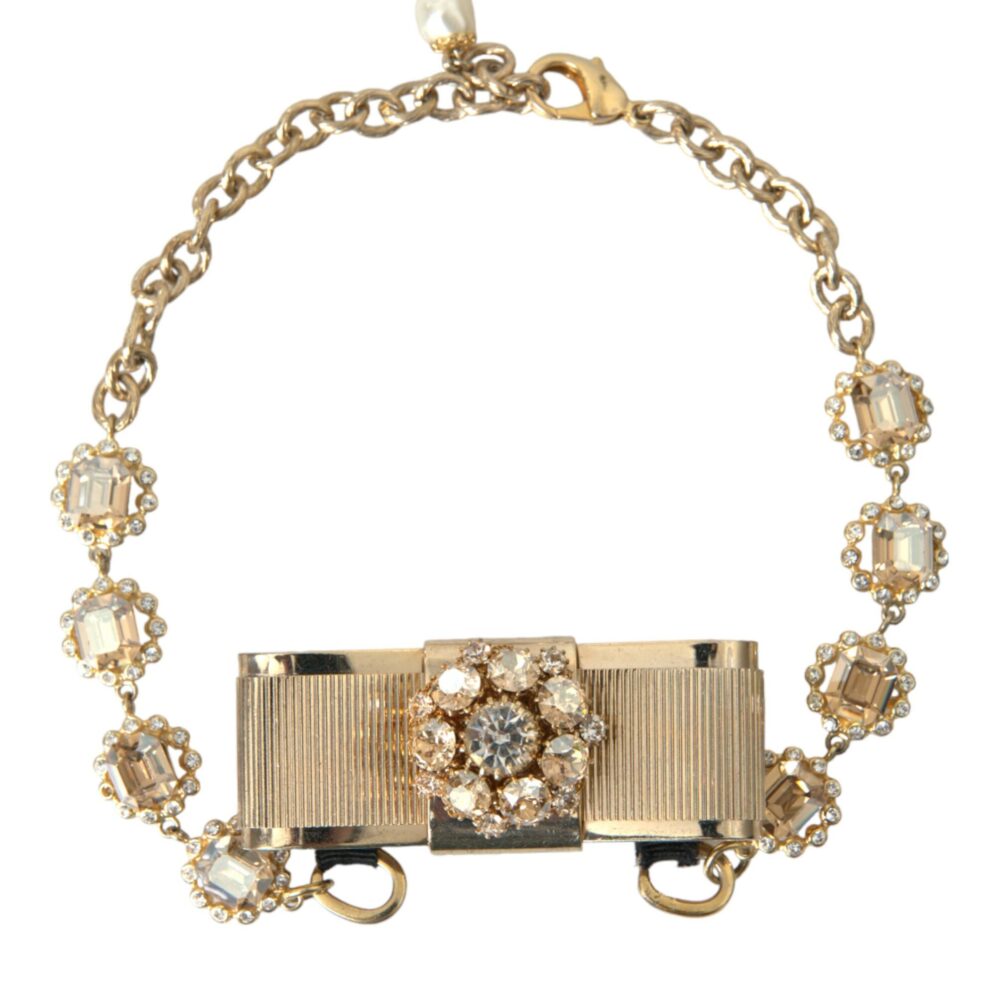 Gold Brass Clear Crystal Bow Chain Choker Necklace
