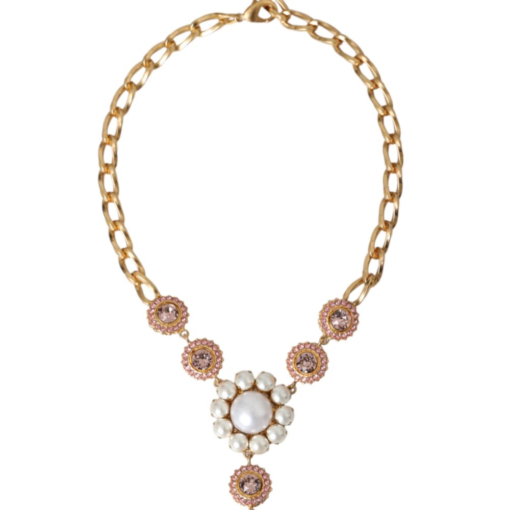 Gold Brass Crystal Purple Pink Pearl Pendants Necklace