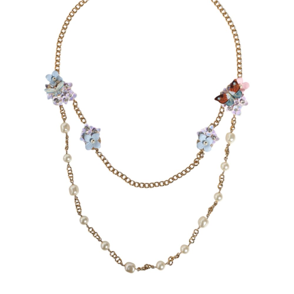 Gold Chain Brass Floral Layered Crystal Pearl Necklace