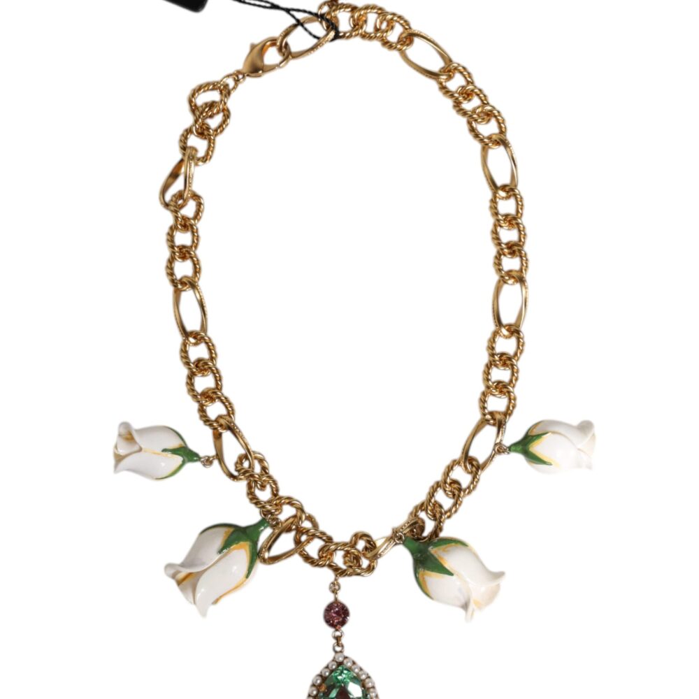 Gold Brass Short Chain Flower Crystal Pendant Necklace