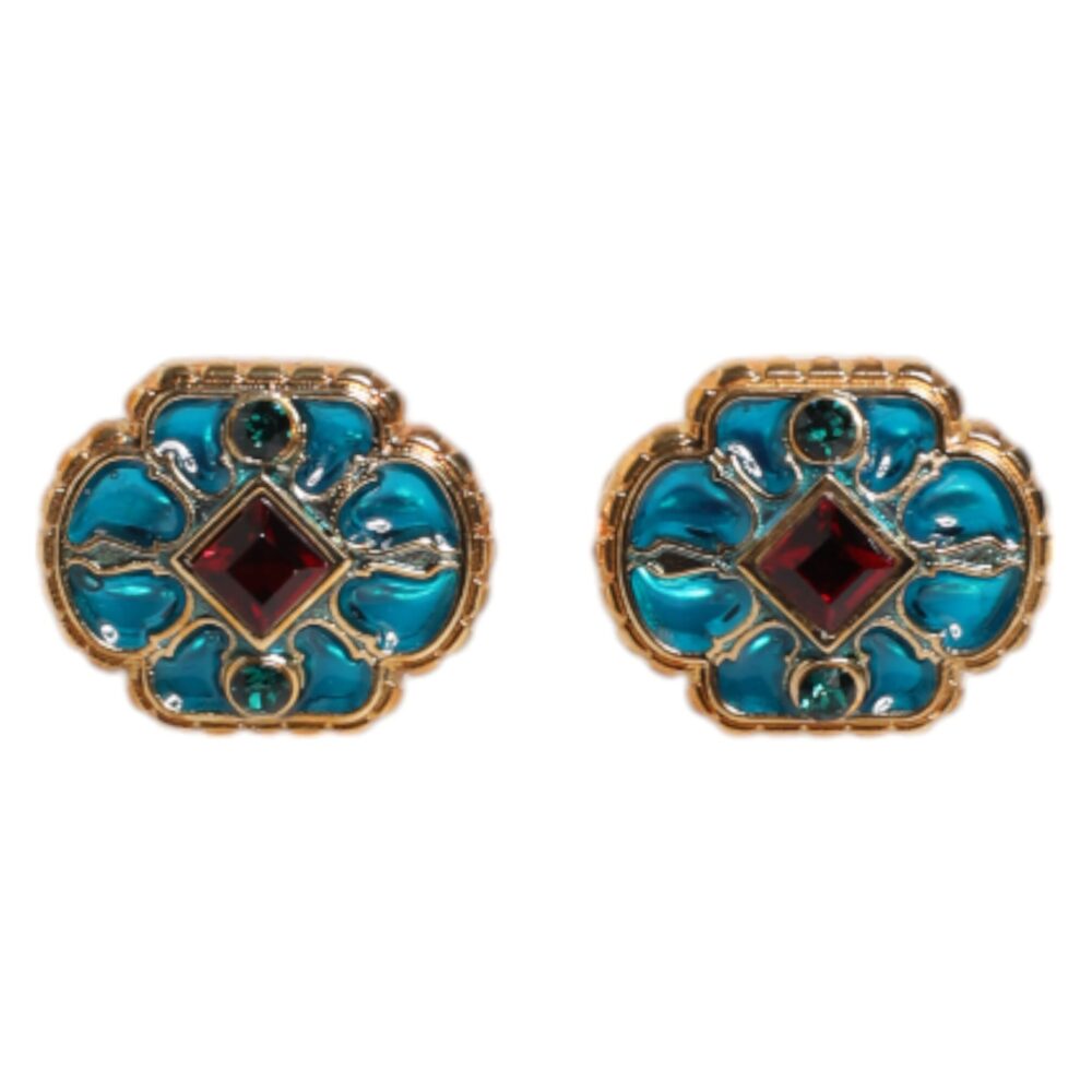 Gold Brass Blue Enameled Flower Cufflink