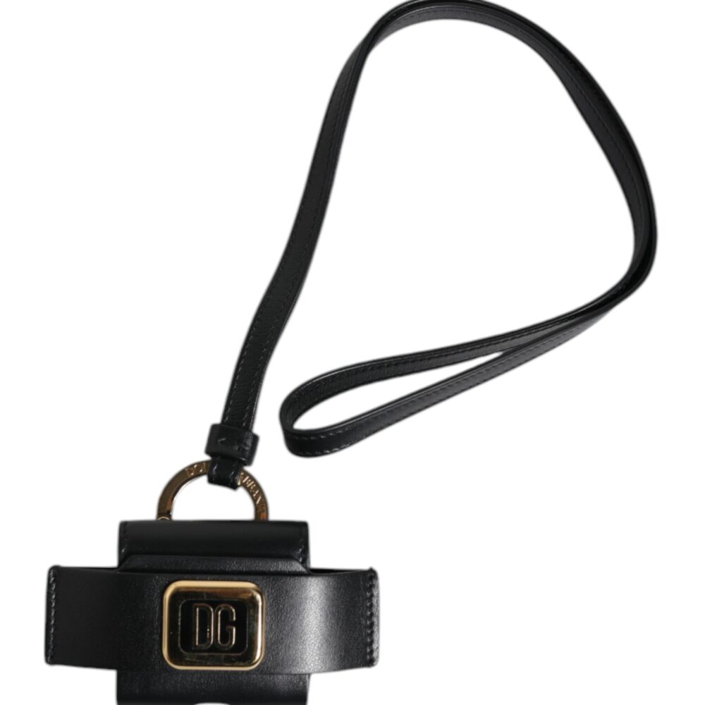 Black Leather Strap Gold Metal Logo Plaque Airpods Case
