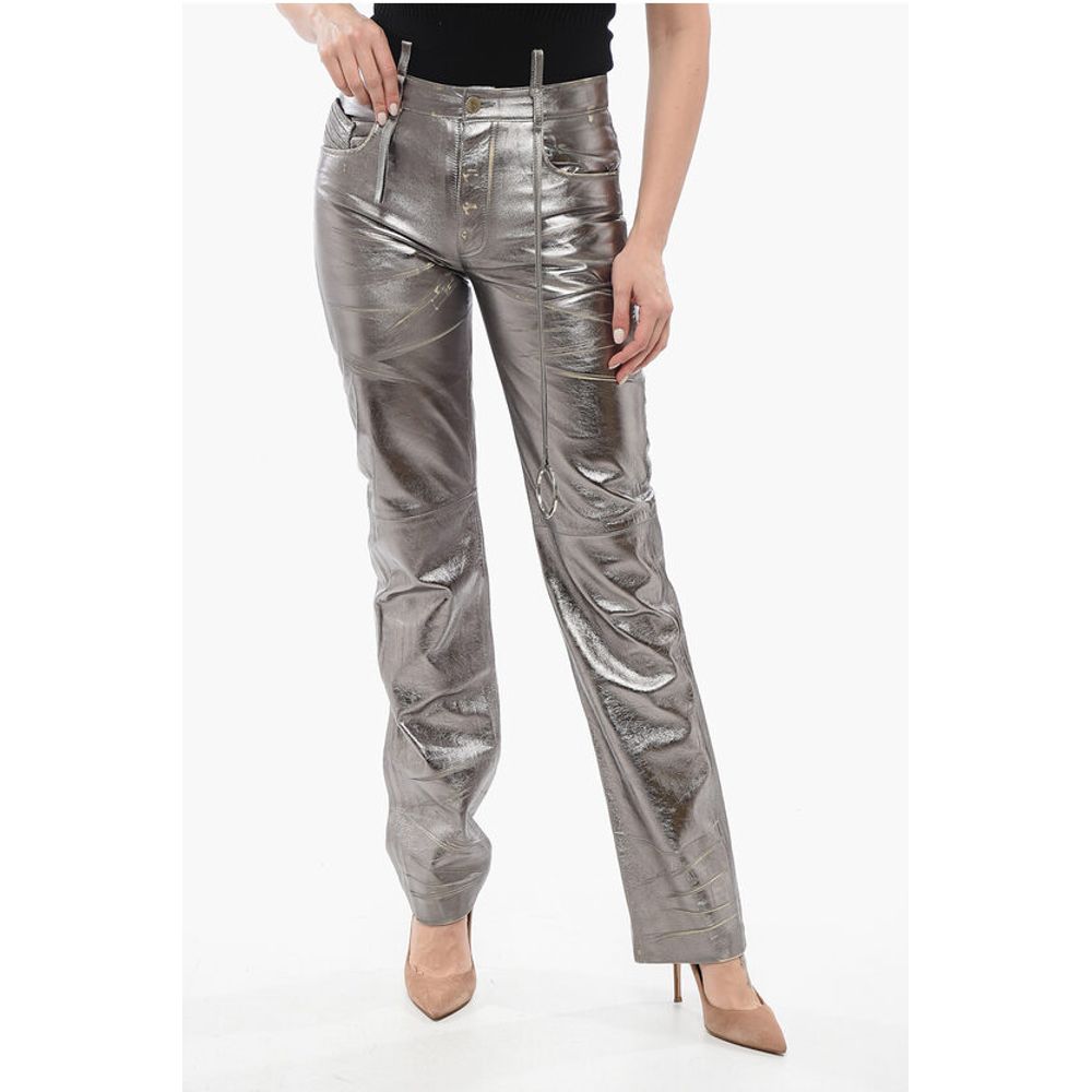 Mirror-like Leather Pants with Worn Out Effect