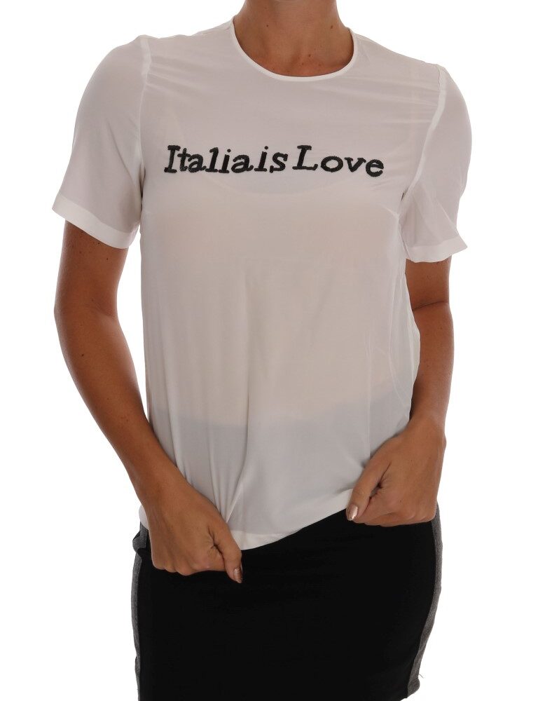 Silk Sequined 'Italia Is Love' White Blouse