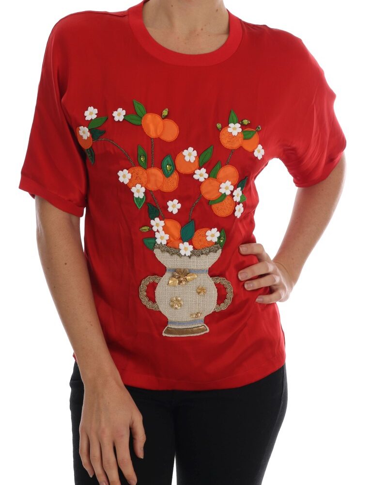 Red Silk Floral Embroidered Elegance Top