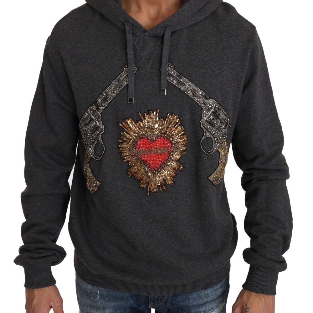 Gray Crystal Heart Gun Motif Sweater