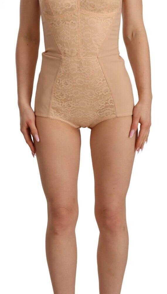 Beige Lace Panel Stretch Bodysuit