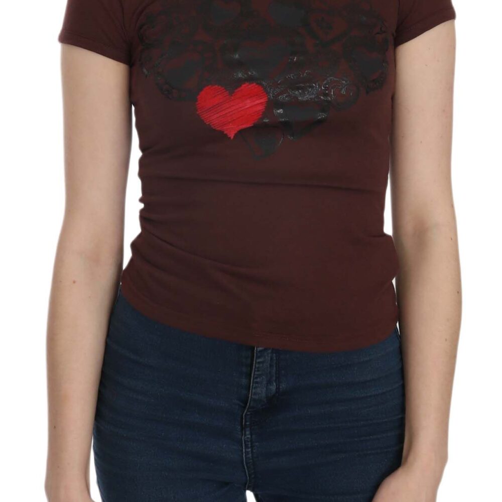 Chic Brown Hearts Print Crew Neck Blouse
