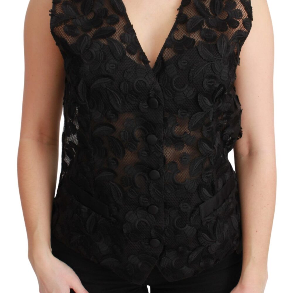 Elegant Floral Black Silk Blend Vest