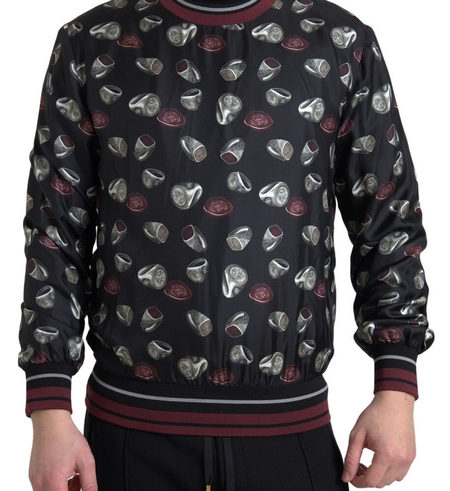 Elegant Silk Crewneck Pullover - Black Multicolor