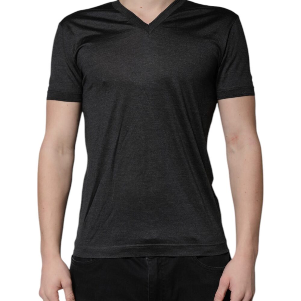 Dark Gray Silk V-neck Short Sleeves T-shirt
