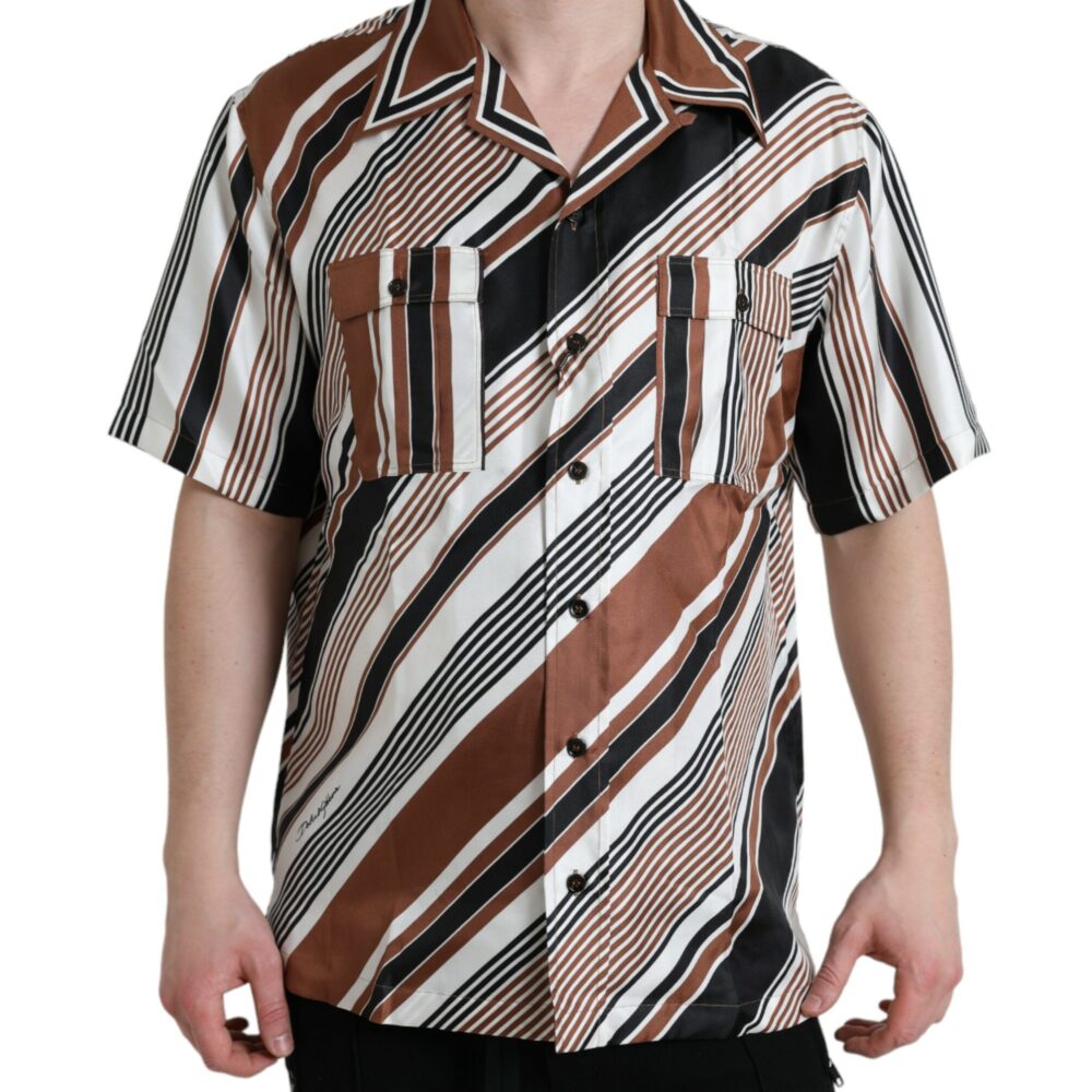 Brown White Silk Striped Short Sleeve Shirt